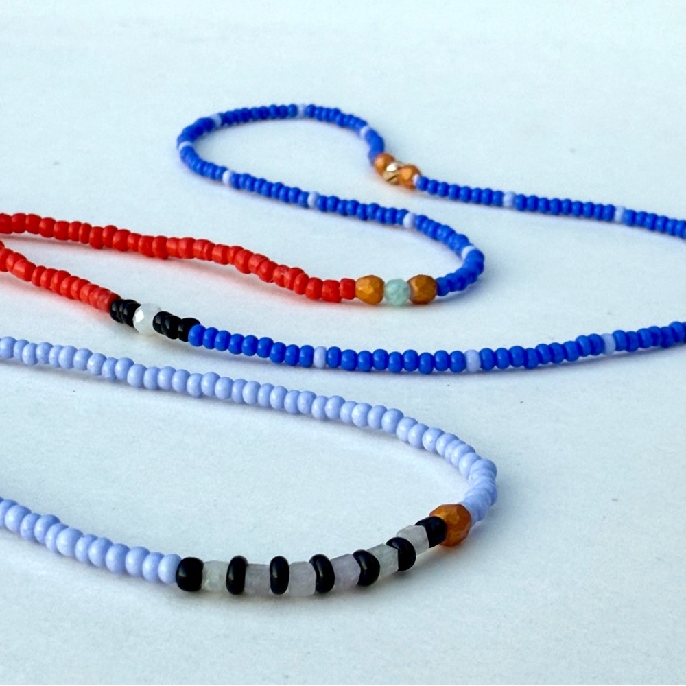 Colorful Infinity, no-clasp necklace, dainty, handmade, 24”